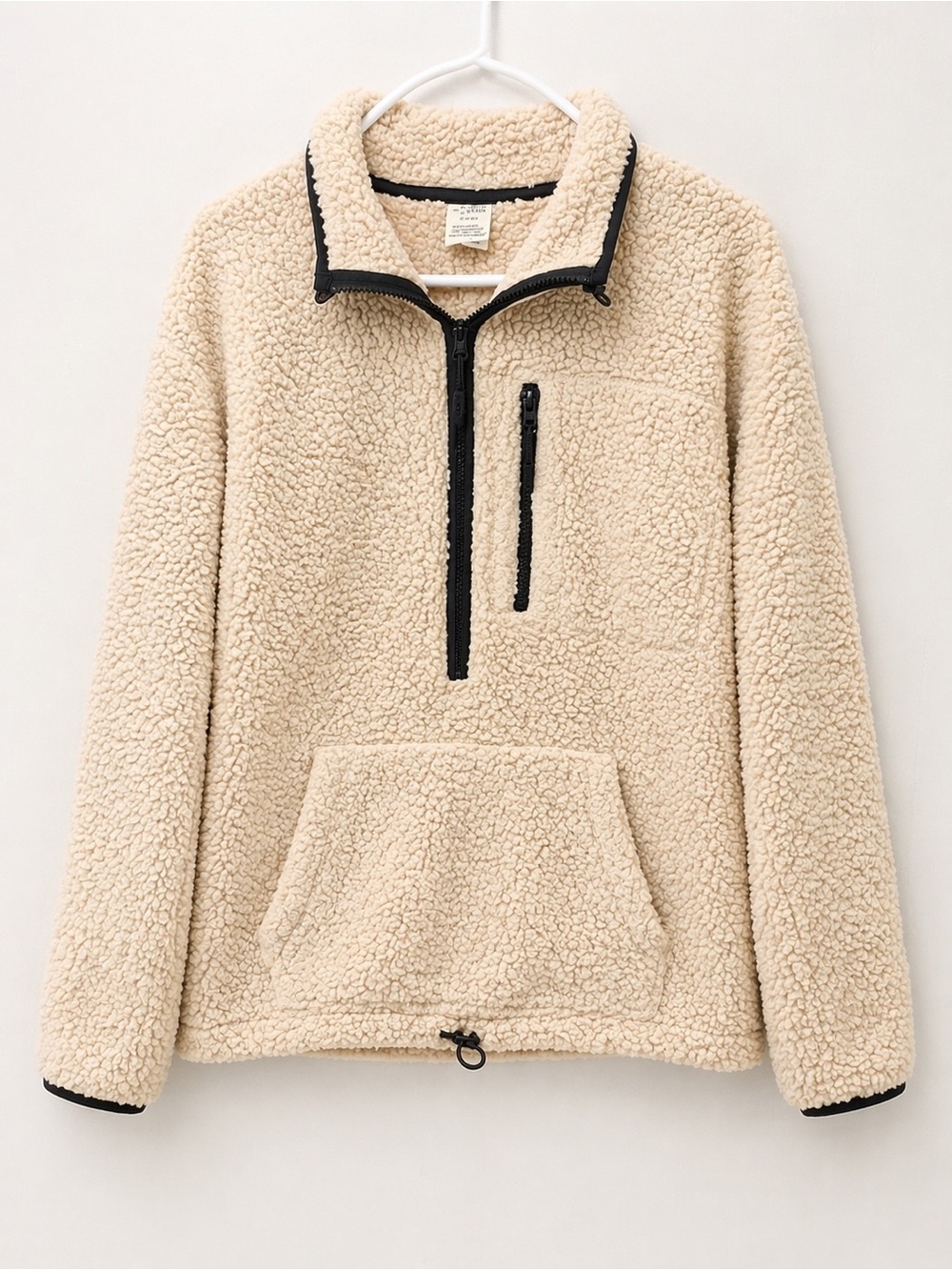 PINK Victoria's Secret Men's Cream Sherpa Zip-Up Pullover with Black Trim